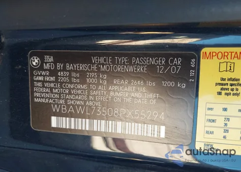 2008 BMW 335I from USA, damaged, VIN WBAWL73508PX55294